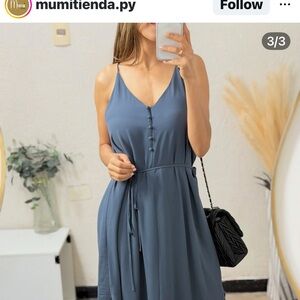 LOFT Blue Button-Front Midi mini Dress, Strappy spaghetti strap, button up belt.